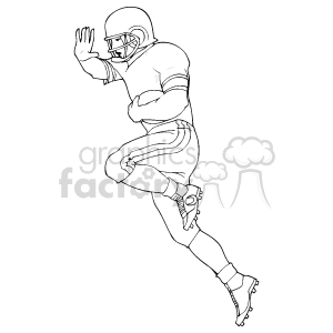   The image is a black and white line art illustration of a football player in a running pose. The player is wearing typical football gear, which includes a helmet, shoulder pads, jersey, pants with knee pads, and cleats. The player