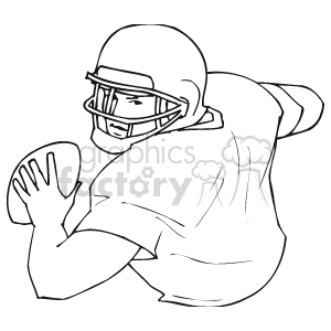 The clipart image depicts a single football player in action. The player is shown in a side pose, wearing a helmet with a faceguard, and holding a football tucked under the arm. The player appears to be running or in the motion of rushing forward, which is a common action during a football game. The image has a simple line art style without color fill.