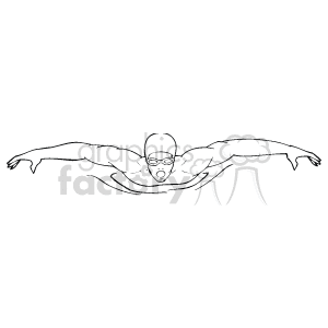   The image is a black and white clipart of a swimmer performing the butterfly stroke. The swimmer is depicted with arms outstretched above the water, showcasing the moment when both hands are about to enter the water during the stroke cycle. 