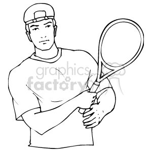 The clipart image depicts a male figure holding a tennis racket. He appears ready to play or in the midst of a tennis match. The figure is wearing a cap, which is commonly worn in outdoor sports for sun protection. The image is a line drawing, in a simple black and white style, devoid of detailed shading or color.