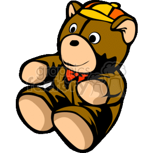 The image features a cute, cartoon-style depiction of a teddy bear. The bear is brown with lighter brown accents on its snout, ears, and paws. It is wearing a hat that appears to be a yellow cap with a red-orange stripe and is also adorned with a bow tie of a matching red-orange color. The teddy bear is sitting down with its arms resting in front of it and has a friendly, inviting facial expression.