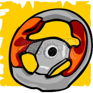 The image shows a stylized clipart of a car steering wheel, which is a part of an automobile used by the driver to control the direction of the vehicle. The steering wheel appears to be colorful, possibly conveying a playful or simplified representation suited for a range of uses, such as educational material or graphic designs related to automobiles or driving.