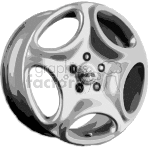   The image depicts a stylized representation of a car wheel rim. It features the typical circular design with a central hub and various socket points for attaching the rim to a vehicle