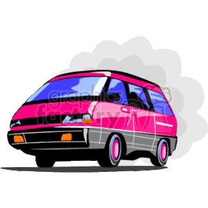 The image is a stylized cartoon clipart of a minivan in shades of pink and purple with a black outline. The minivan is depicted in profile view and appears to be in motion with speed lines or clouds of dust behind it, suggesting movement. The vehicle has windows, wheel details, and headlight elements visible.