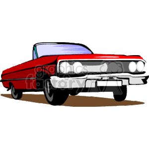 The clipart image depicts a stylized red 1964 Chevy Impala, which is a classic American car renowned for being favored in lowrider culture. The car is shown in profile with a lowered stance that is characteristic of lowriders. The vehicle features the distinctive body shape, headlights, and taillights that are iconic design elements of the 1964 Impala model.