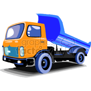 The image is a stylized illustration of a dump truck, which is a type of heavy equipment used in construction for transporting materials such as sand, gravel, or demolition waste. The truck has its dump body lifted, indicating it is tipping or unloading material.