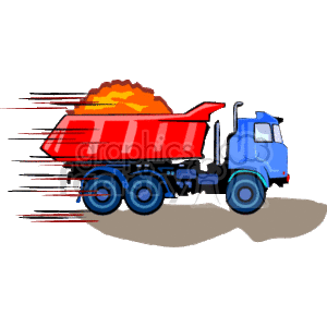   This clipart image shows a stylized, colorful dump truck in motion, indicated by the speed lines at the back of the dump bed. The truck is blue, with the dump bed being red, and it