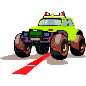 The clipart image depicts a colorful cartoon-style monster truck. The truck is designed with large, oversized tires suitable for rock crawling or off-road terrains. It has a vibrant green and yellow body with a purple underside. The monster truck appears to be powerful and sturdy, built for heavy-duty transportation and entertainment activities such as monster truck rallies. Other notable features include red headlights and what appears to be a red light bar on the roof. The truck is depicted on a solid surface with a red arrow pointing forward, possibly indicating movement or the direction of travel.