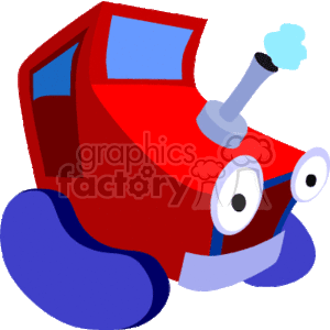   This clipart image features a stylized, anthropomorphic red tractor with blue windows. The tractor has eyes and a mouth, giving it a cartoonish, lively appearance. It also has a black exhaust pipe with a puff of smoke coming out, indicating it is running, and it