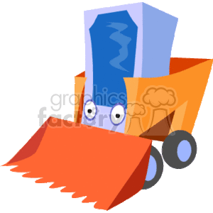 The clipart image shows a cartoon of a front loader, which is a type of heavy construction equipment. The front loader has an orange bucket, blue cabin with eyes (giving it a personified appearance), and a grey undercarriage with wheels.