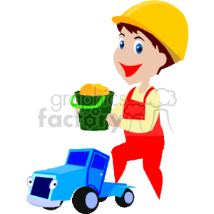 Happy Boy Playing with Toy Construction Truck and Sand Bucket