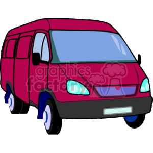 The clipart image depicts a stylized red van with dark tinted windows and blue wheels.
