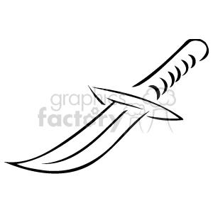 The image is a black and white clipart depiction of a knife with a curved blade and a detailed handle, which includes a guard. The style of the knife looks like it may be inspired by historical or fantasy designs. 