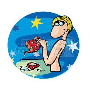 Clipart image of a person pouring tea with a starry sky background.