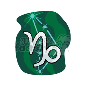 Clipart image of the Capricorn star sign symbol, set against a dark green background with star-like decorations.