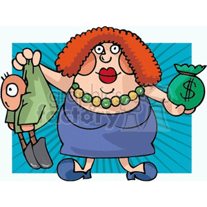 The image shows a cartoon or clipart character of a woman with a humorous design. She is wearing a purple dress and blue shoes, has red hair, and is adorned with a green necklace. In her left hand, she is holding what appears to be a frightened or shocked fish by its tail, and in her right hand, she is holding a bag of money, indicated by a dollar sign on the bag. The background features a blue radial design, adding to the dynamic and comical feel of the image.