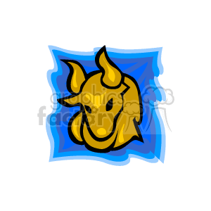 The image is a stylized representation of the zodiac sign Taurus. It features an illustrative cartoon of a bull's head with prominent horns, which is the symbol associated with Taurus in astrology. The bull is set against a blue background, which appears to be loosely framed or swirled, giving it a somewhat dynamic appearance.