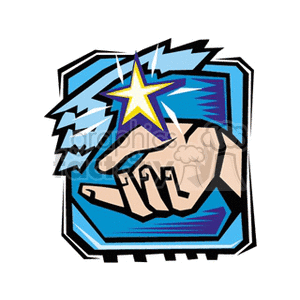 A clipart image of a hand with an extended index finger pointing to a star, set against a blue background with abstract elements. The scene appears to symbolize reaching out or connection with celestial bodies, often associated with star signs and horoscopes.