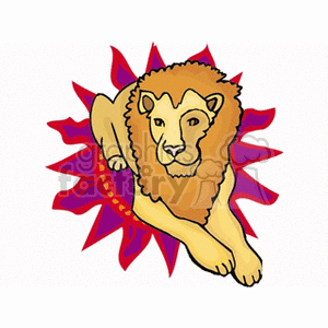 Clipart image of a lion, symbolizing the Leo zodiac sign, set against a vibrant red and purple background.
