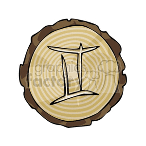 A clipart image of a tree log slice with the Gemini zodiac symbol carved into it, representing one of the star signs in horoscopes.