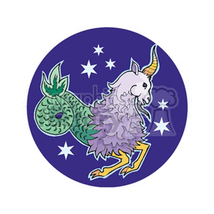 Clipart image of the Capricorn star sign, represented by a mythical goat with a fish tail, set against a circular purple background with stars.