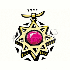 An illustration of a star-shaped pendant with a bright red gemstone in the center, often associated with star signs and horoscopes.