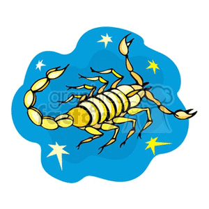 Clipart illustration of a scorpion against a blue background with stars, representing the Scorpio zodiac sign.