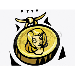 This clipart image depicts a stylized medallion with a female face, embodying the Virgo zodiac sign. The image utilizes bold lines and a gold color scheme, indicative of astrological symbolism.