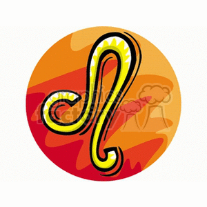 An illustrative clipart image representing the Leo zodiac sign. The symbol is depicted in vibrant yellow and black colors against a circular gradient background of orange and red tones.