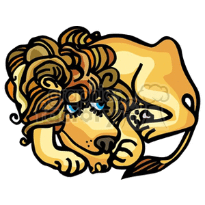 A colorful clipart illustration of a lion, representing the Leo zodiac sign. The lion appears curled up with a detailed mane and a thoughtful expression.