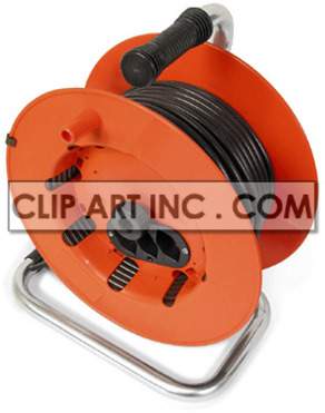 An image of an orange and black extension cord reel. The reel is mounted on a metal stand and includes a rotating handle for winding and unwinding the cord.