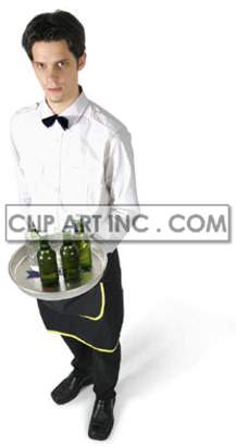A waiter dressed in a white shirt and black bow tie holding a tray with bottles.