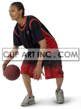 A person playing basketball, wearing a black and red sports outfit, and dribbling a basketball.