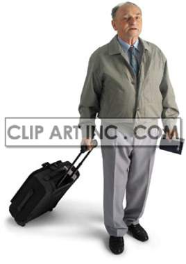 An elderly man dressed in casual clothing, holding a passport and pulling a rolling suitcase.
