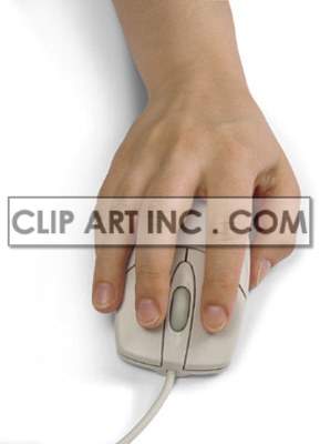 A clipart image of a hand on a computer mouse, showing the act of using the mouse.
