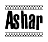 The clipart image displays the text Ashar in a bold, stylized font. It is enclosed in a rectangular border with a checkerboard pattern running below and above the text, similar to a finish line in racing. 