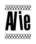 The image contains the text Alie in a bold, stylized font, with a checkered flag pattern bordering the top and bottom of the text.
