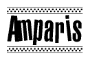 The image is a black and white clipart of the text Amparis in a bold, italicized font. The text is bordered by a dotted line on the top and bottom, and there are checkered flags positioned at both ends of the text, usually associated with racing or finishing lines.