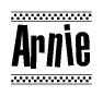 The clipart image displays the text Arnie in a bold, stylized font. It is enclosed in a rectangular border with a checkerboard pattern running below and above the text, similar to a finish line in racing. 