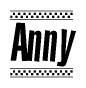 The image is a black and white clipart of the text Anny in a bold, italicized font. The text is bordered by a dotted line on the top and bottom, and there are checkered flags positioned at both ends of the text, usually associated with racing or finishing lines.