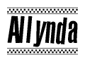 The image is a black and white clipart of the text Allynda in a bold, italicized font. The text is bordered by a dotted line on the top and bottom, and there are checkered flags positioned at both ends of the text, usually associated with racing or finishing lines.