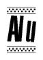 The image is a black and white clipart of the text Alu in a bold, italicized font. The text is bordered by a dotted line on the top and bottom, and there are checkered flags positioned at both ends of the text, usually associated with racing or finishing lines.