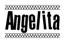 The clipart image displays the text Angelita in a bold, stylized font. It is enclosed in a rectangular border with a checkerboard pattern running below and above the text, similar to a finish line in racing. 