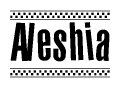 The clipart image displays the text Aleshia in a bold, stylized font. It is enclosed in a rectangular border with a checkerboard pattern running below and above the text, similar to a finish line in racing. 