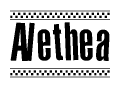 The image contains the text Alethea in a bold, stylized font, with a checkered flag pattern bordering the top and bottom of the text.