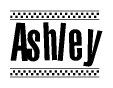 The image contains the text Ashley in a bold, stylized font, with a checkered flag pattern bordering the top and bottom of the text.
