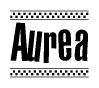 The image is a black and white clipart of the text Aurea in a bold, italicized font. The text is bordered by a dotted line on the top and bottom, and there are checkered flags positioned at both ends of the text, usually associated with racing or finishing lines.