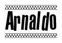 The image is a black and white clipart of the text Arnaldo in a bold, italicized font. The text is bordered by a dotted line on the top and bottom, and there are checkered flags positioned at both ends of the text, usually associated with racing or finishing lines.