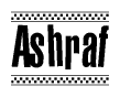 The image is a black and white clipart of the text Ashraf in a bold, italicized font. The text is bordered by a dotted line on the top and bottom, and there are checkered flags positioned at both ends of the text, usually associated with racing or finishing lines.