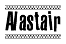 The image contains the text Alastair in a bold, stylized font, with a checkered flag pattern bordering the top and bottom of the text.